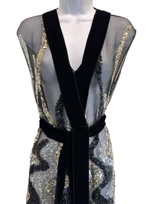Marc Jacobs Size 2 Black & Silver Silk Sheer Sequin Design V Neck Dress Black & Silver / 2