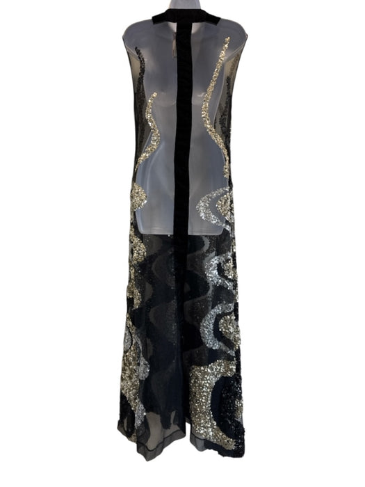 Marc Jacobs Size 2 Black & Silver Silk Sheer Sequin Design V Neck Dress Black & Silver / 2