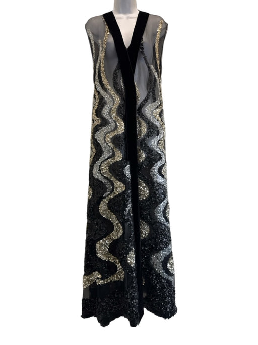 Marc Jacobs Size 2 Black & Silver Silk Sheer Sequin Design V Neck Dress Black & Silver / 2
