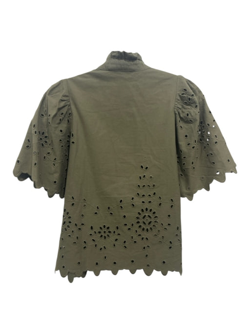 Sea New York Size XS Olive Green Cotton Short Puff Sleeve Floral Eyelet Top Olive Green / XS