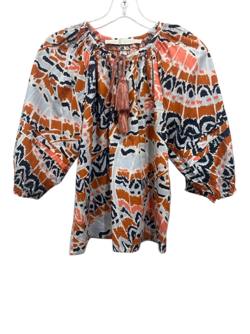 Marie Oliver Size XS Orange, Blue, Pink coyote fur Long puff sleeve V Neck Top Orange, Blue, Pink / XS