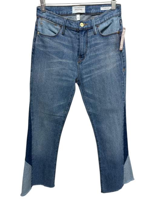 Frame Size 24 Medium Wash Cotton Blend High Rise Patch Print Flare Raw Hem Jeans Medium Wash / 24