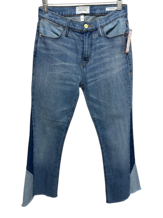 Frame Size 24 Medium Wash Cotton Blend High Rise Patch Print Flare Raw Hem Jeans Medium Wash / 24