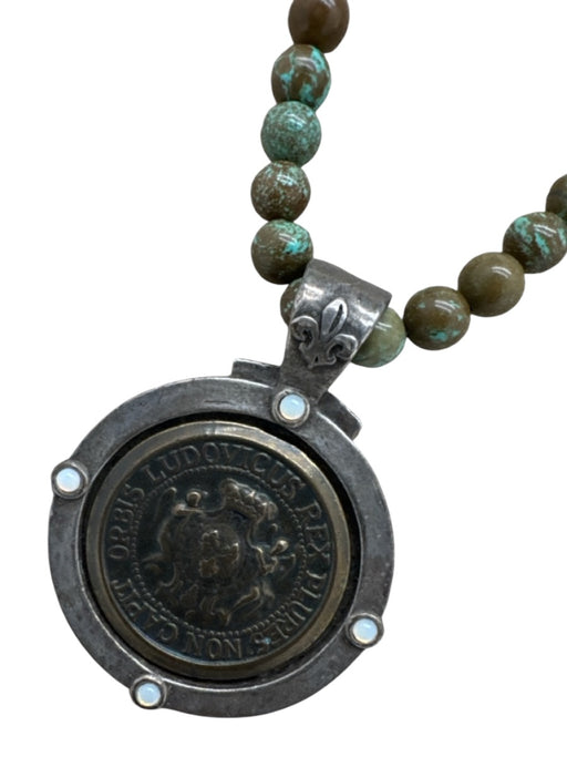 French Kande Teal & Brown Stone Toggle Coin Pendant Station Beads Long Necklace Teal & Brown