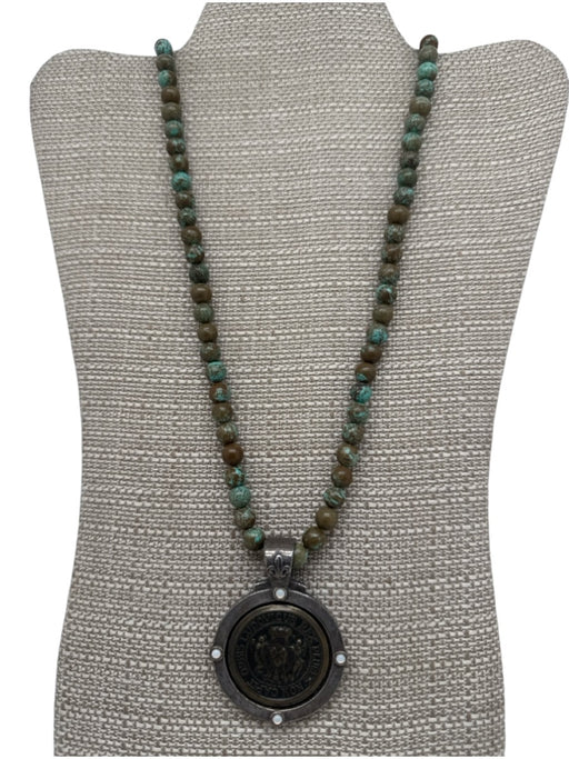 French Kande Teal & Brown Stone Toggle Coin Pendant Station Beads Long Necklace Teal & Brown