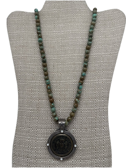 French Kande Teal & Brown Stone Toggle Coin Pendant Station Beads Long Necklace Teal & Brown
