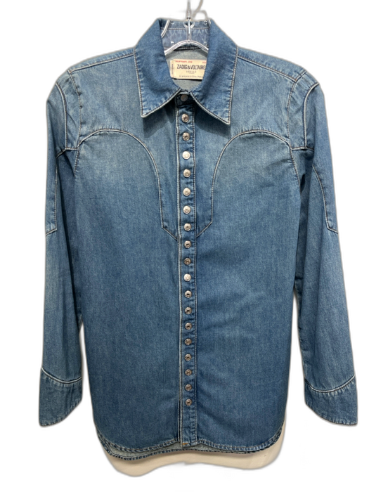 Zadig & Voltaire Size XS Medium Wash Cotton Denim Long Sleeve Western Top Medium Wash / XS