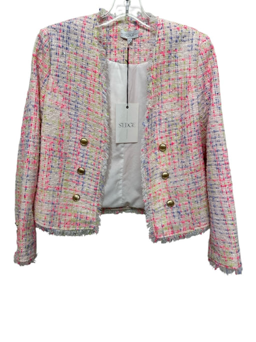 S'edge Size XS Pink, Green, Blue Button Detail Tweed Fringe Open Front Jacket Pink, Green, Blue / XS