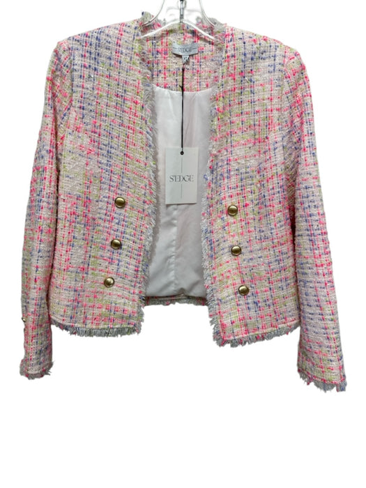 S'edge Size XS Pink, Green, Blue Button Detail Tweed Fringe Open Front Jacket Pink, Green, Blue / XS