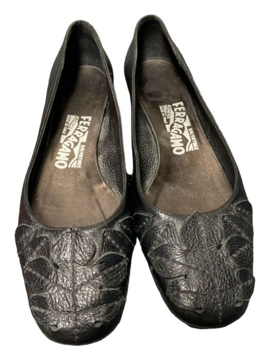 Ferragamo Shoe Size 5.5 Black Leather Flat Applique Slip On Square Toe Shoes Black / 5.5