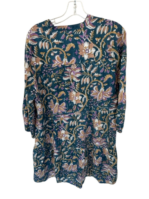 Fitzroy & Willa Size L Teal Cotton V Neck 3/4 Sleeve Mini Floral Dress Teal / L