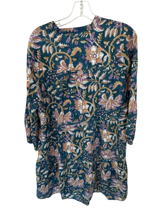 Fitzroy & Willa Size L Teal Cotton V Neck 3/4 Sleeve Mini Floral Dress Teal / L
