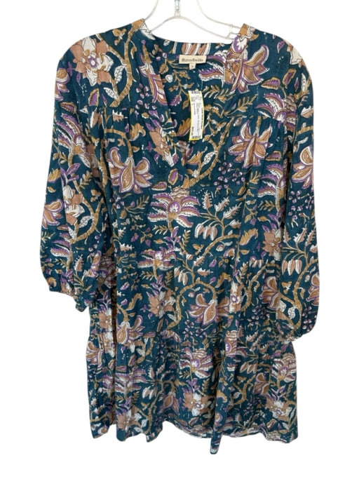 Fitzroy & Willa Size L Teal Cotton V Neck 3/4 Sleeve Mini Floral Dress Teal / L