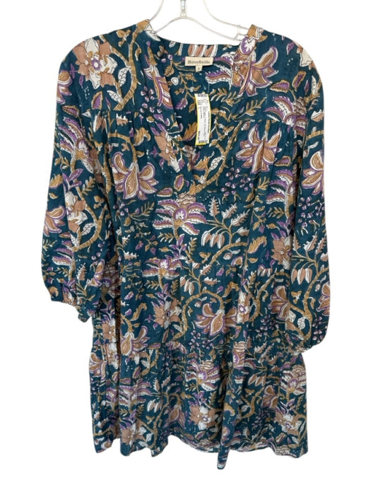 Fitzroy & Willa Size L Teal Cotton V Neck 3/4 Sleeve Mini Floral Dress Teal / L