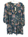 Fitzroy & Willa Size L Teal Cotton V Neck 3/4 Sleeve Mini Floral Dress Teal / L