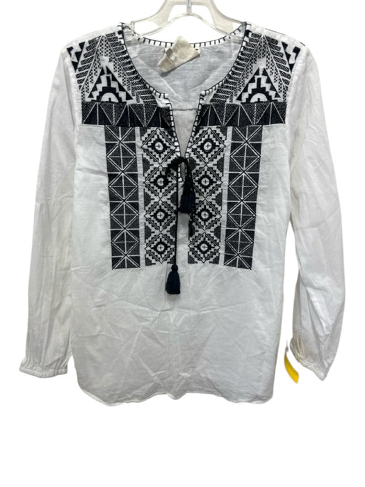 Figue Size S White, Black & Navy Cotton Long Sleeve Embroidered Neck Tie Top White, Black & Navy / S