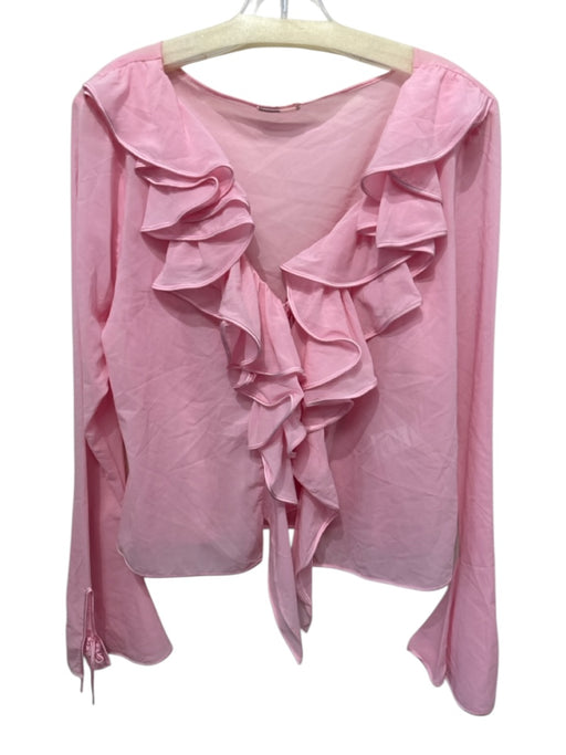House of CB Size L Pink Silk Chiffon Ruffle Front Sheer Front Tie Top Pink / L