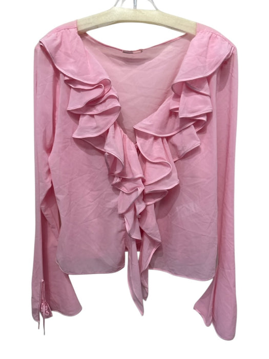 House of CB Size L Pink Silk Chiffon Ruffle Front Sheer Front Tie Top Pink / L