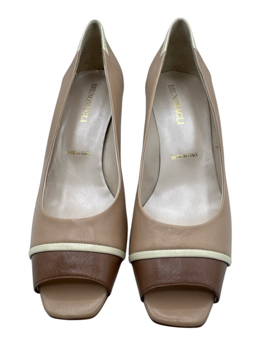 Bruno Magli Shoe Size 39 Taupe, Cream & Brown Leather Peep Toe Square Toe Pumps Taupe, Cream & Brown / 39