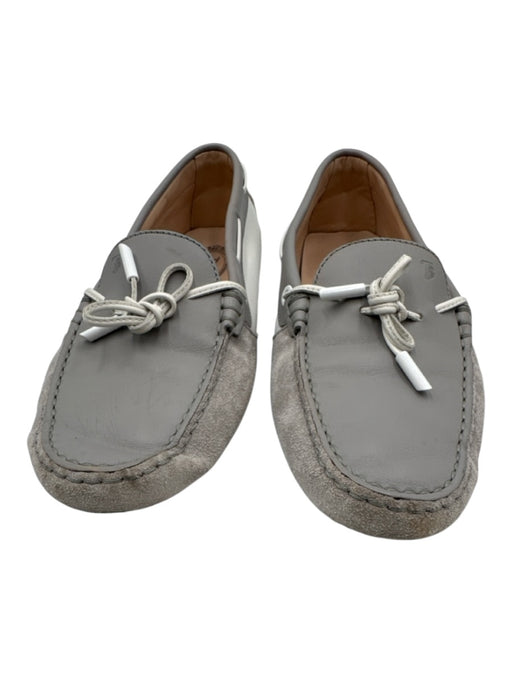 Tods Shoe Size 40 Gray & White Leather Logo Tie Almond Toe Boat Moccasins Gray & White / 40