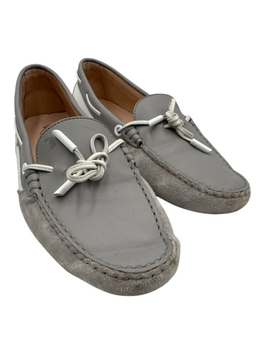 Tods Shoe Size 40 Gray & White Leather Logo Tie Almond Toe Boat Moccasins Gray & White / 40