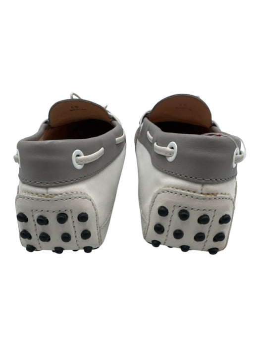 Tods Shoe Size 40 Gray & White Leather Logo Tie Almond Toe Boat Moccasins Gray & White / 40