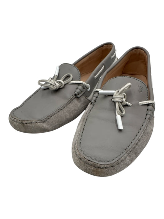 Tods Shoe Size 40 Gray & White Leather Logo Tie Almond Toe Boat Moccasins Gray & White / 40