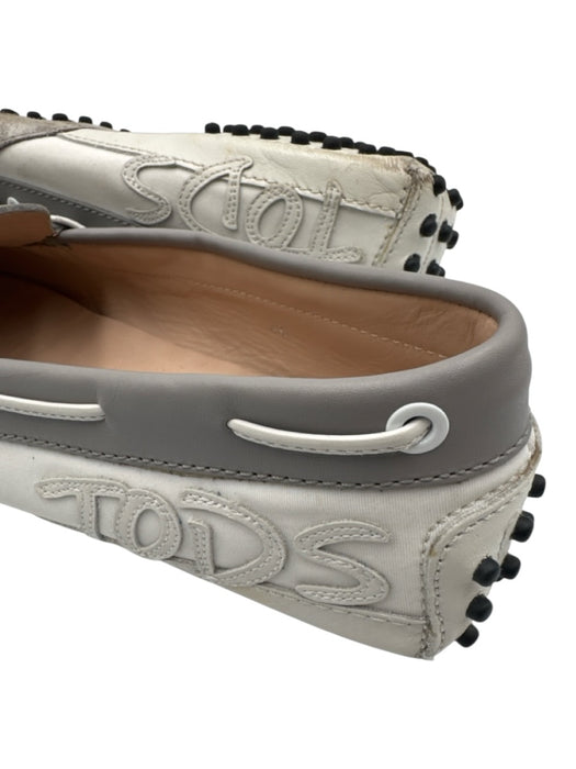 Tods Shoe Size 40 Gray & White Leather Logo Tie Almond Toe Boat Moccasins Gray & White / 40