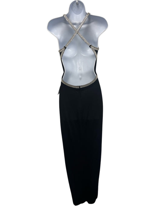 Lillie Rubin Size S Black & Silver Rayon & Nylon Bedazzled Cut Out Leg Slit Gown Black & Silver / S