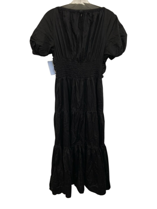 La Ligne Size L Black Cotton Short Puff Sleeve V Neck Tiered Midi Dress Black / L