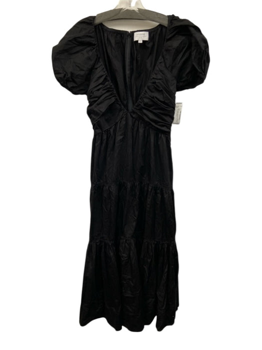 La Ligne Size L Black Cotton Short Puff Sleeve V Neck Tiered Midi Dress Black / L