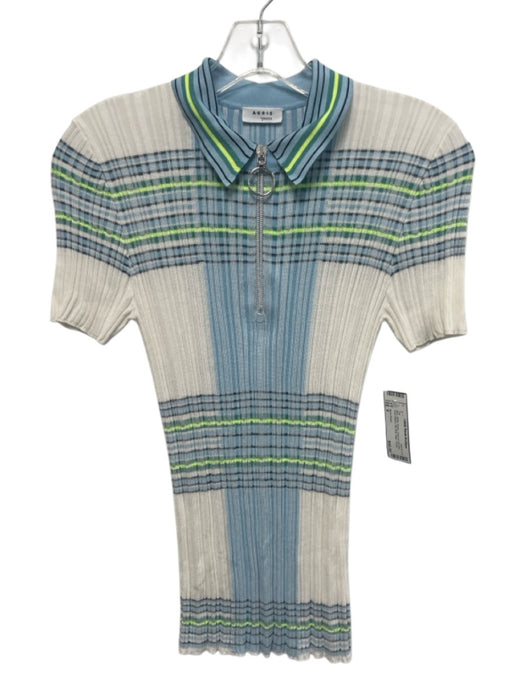 Akris Punto Size 6 Blue, White, Green Cupro & Viscose Short Sleeve Rib Knit Top Blue, White, Green / 6