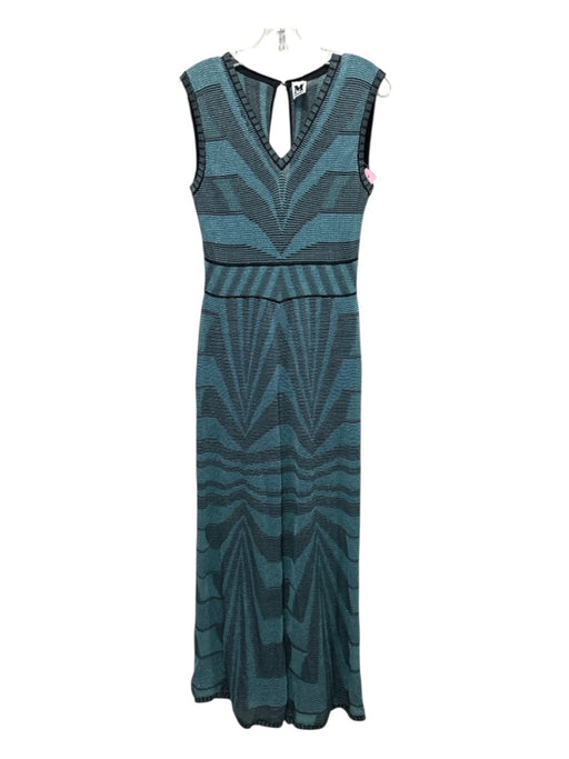 M Missoni Size 44 Blue & Black Print V Neck Abstract Ribbed Shimmer Jumpsuit Blue & Black Print / 44