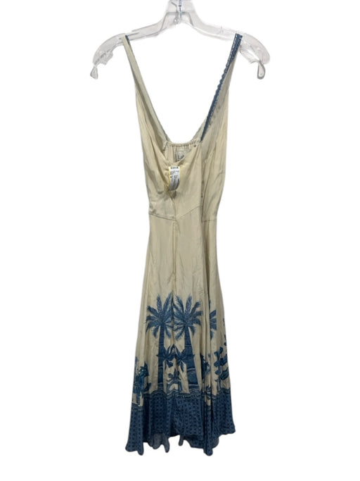 Ritu Kumar Size M Cream & Blue Viscose Criss Cross Back Sleeveless V Neck Dress Cream & Blue / M