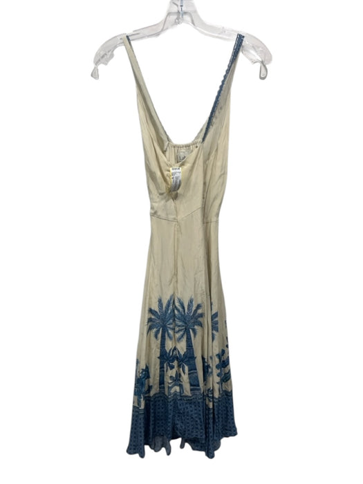 Ritu Kumar Size M Cream & Blue Viscose Criss Cross Back Sleeveless V Neck Dress Cream & Blue / M