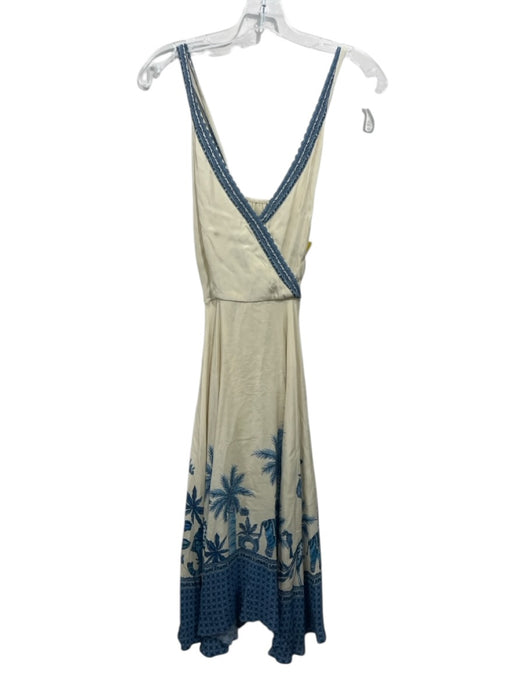 Ritu Kumar Size M Cream & Blue Viscose Criss Cross Back Sleeveless V Neck Dress Cream & Blue / M