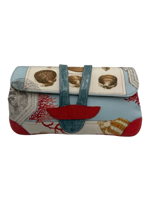 Dotti White Blue & Multi Canvas Shell Print Top Flap Reptile Detail Clutch Bag White Blue & Multi / XS