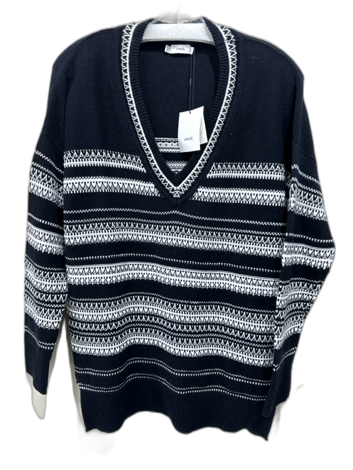 Vince Size S Black & White Cotton Fair Isle Stripe V Neck Sweater Black & White / S