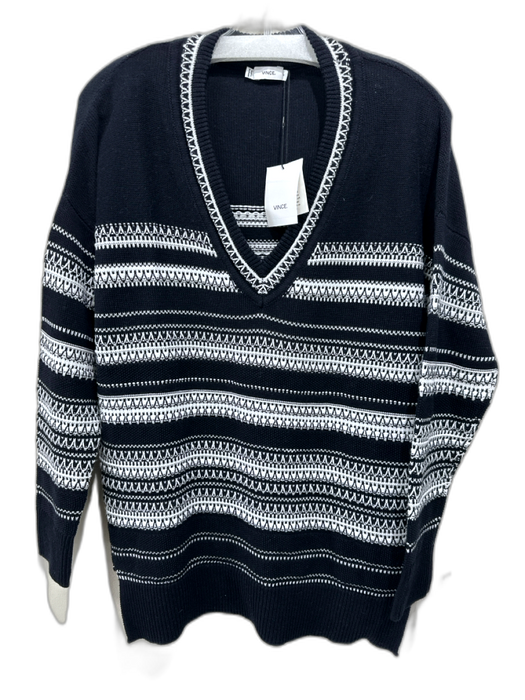 Vince Size S Black & White Cotton Fair Isle Stripe V Neck Sweater Black & White / S