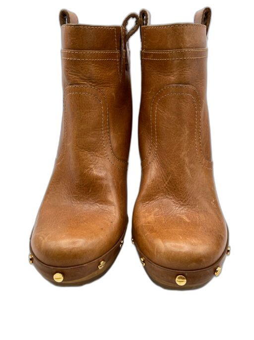 Tory Burch Shoe Size 11 Tan Brown Leather Wood Studded Pull On Platform Boots Tan Brown / 11