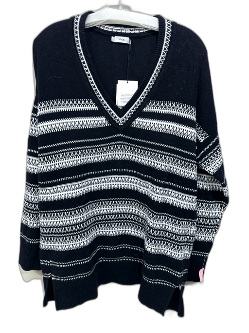 Vince Size M Black & White Cotton Fair Isle Stripe V Neck Sweater Black & White / M