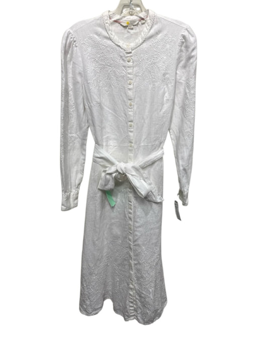 Boden Size 6 White Linen Button Front Floral Embroidery eyelet Long Sleeve Dress White / 6
