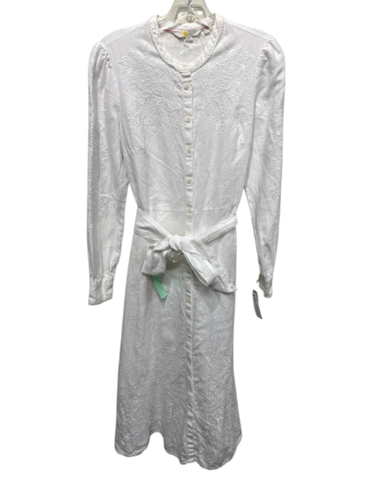 Boden Size 6 White Linen Button Front Floral Embroidery eyelet Long Sleeve Dress White / 6