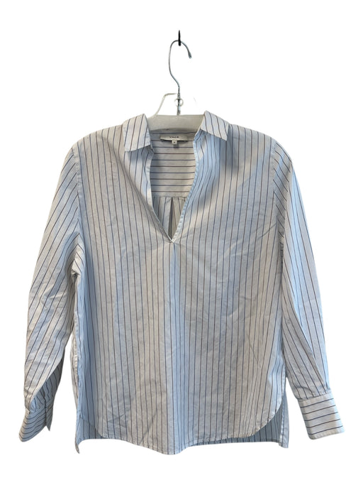 Vince Size XS White, Brown & Blue Cotton Striped Long Sleeve Split Collar Top White, Brown & Blue / XS