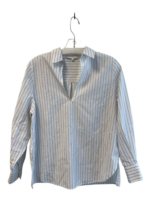 Vince Size XS White, Brown & Blue Cotton Striped Long Sleeve Split Collar Top White, Brown & Blue / XS