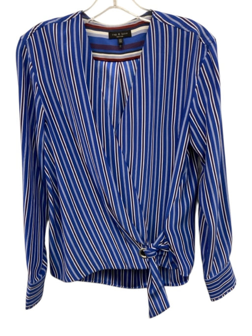 Rag & Bone Size XS Blue Multi Silk Striped V Neck Wrap Front Long Sleeve Top Blue Multi / XS