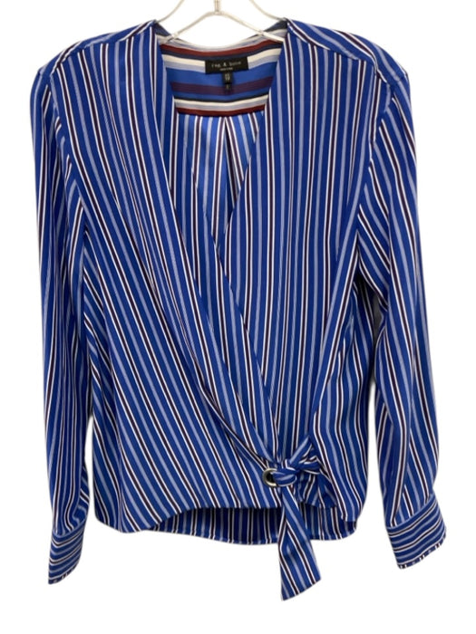 Rag & Bone Size XS Blue Multi Silk Striped V Neck Wrap Front Long Sleeve Top Blue Multi / XS
