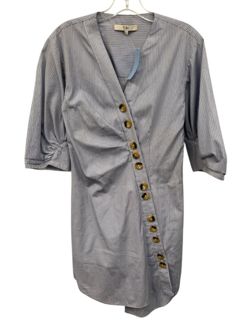 Tibi Size 2 White & Blue Cotton Striped Button Front Asymmetric Dress White & Blue / 2