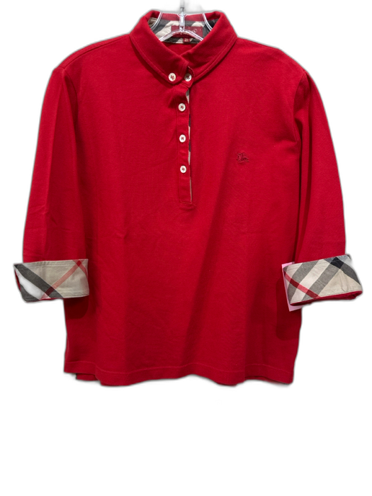 Burberry London Size 46 / M Red Cotton Blend Pique Nova Check Trim Polo Top Red / 46 / M