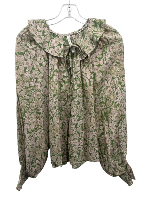 Anthropologie Size S Green & Pink Cotton Long Sleeve Floral Button Up Top Green & Pink / S